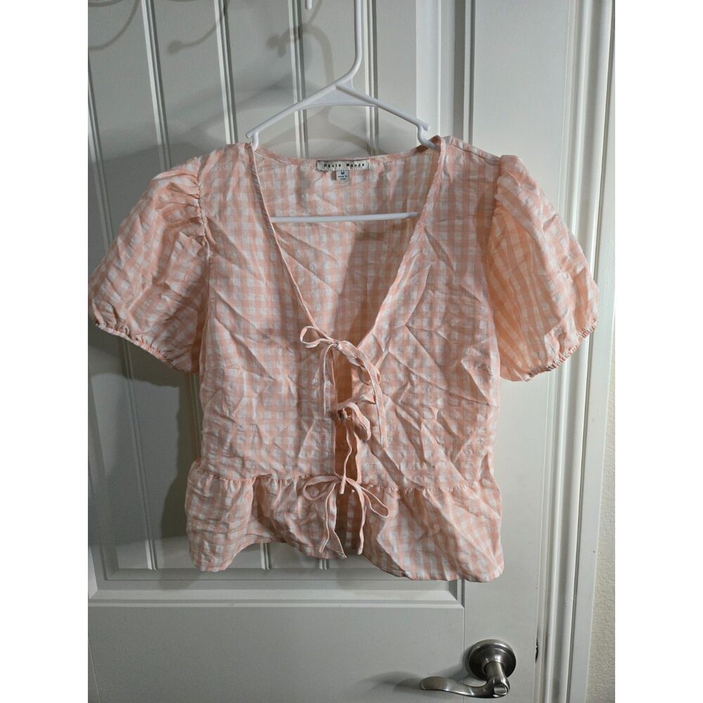 Haute Monde Women’s Medium Pink White Gingham Front Peplum Puff Sleeve Blouse